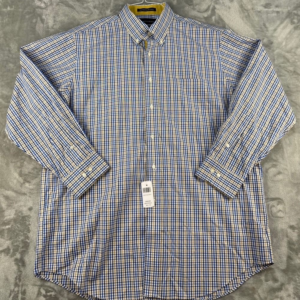 Paul Fredrick Dress Shirt Mens 16.5x33 Classic Fit Navy Gold Check Non-Iron NEW